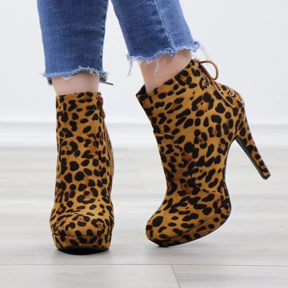 Leopard Back Lace Suede Heeled Ankle platform Booties - Picture 10 of 12